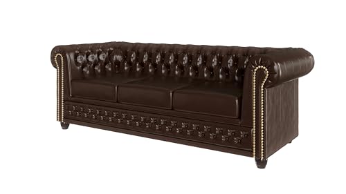 S-Style Möbel George Sofa 3-Sitzer Chesterfield-Sofa Mit Schlaffunktion für Wohnzimmer Lounge Couch Aus Veganem Leder Möbel Freistehende Polster Sofas & Couches Couchgarnitur Braun 203 x 86 x 72 cm von S-Style Möbel