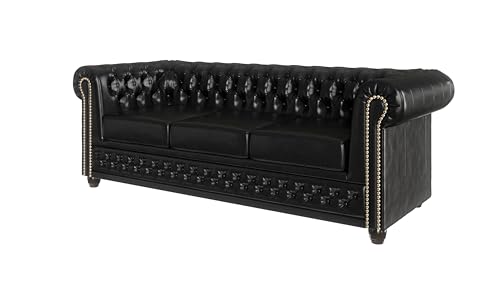 S-Style Möbel George Sofa 3-Sitzer Chesterfield-Sofa Mit Schlaffunktion für Wohnzimmer Lounge Couch Aus Veganem Leder Möbel Freistehende Polster Sofas & Couches Couchgarnitur Schwarz 203 x 86 x 72 cm von S-Style Möbel