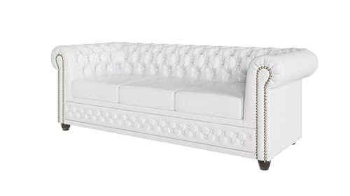 S-Style Möbel George Sofa 3-Sitzer Chesterfield-Sofa für Wohnzimmer Lounge Couch Aus Veganem Leder Möbel Freistehende Polster Sofas & Couches Couchgarnitur Weiß 203 x 86 x 72 cm von S-Style Möbel