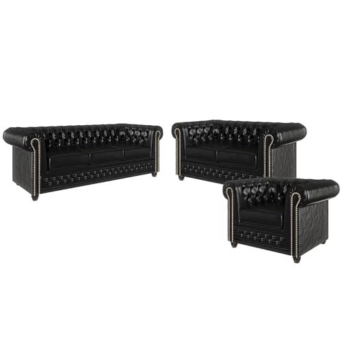 S-Style Möbel George Sofagarnitur 3 2 1 Polstergarnitur Chesterfield-Couchgarnitur Couch-Set für Wohnzimmer 3-Sitzer Sofa 203x86x72cm 2-Sitzer Sofa Mit Schlaffunktion 148x86x72cm Sessel 94x86x72cm von S-Style Möbel