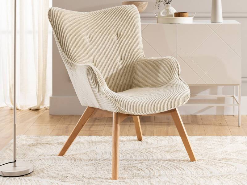 S-Style Möbel Loungesessel Lenari aus Cordstoff mit Füßen aus Massivholz in Natur oder Braun (1 x Lounge-Sessel) von S-Style Möbel