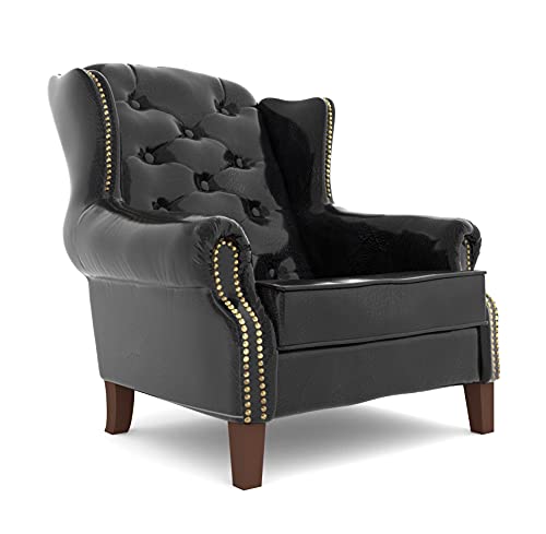 S-Style Möbel Sargans Chesterfield Sessel Ohrensessel Für Wohnzimmer Schlafzimmer Louge Büro Loungesessel Polstersessel Cocktailsessel Holzbeine Öko Leder Schwarz 102 x 93 x 102 cm von S-Style Möbel