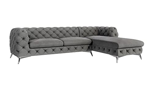 S-Style Möbel Maria Ecksofa 5 Sitzer Chesterfield Eckcouch Sofa Für Wohnzimmer Lounge Couch Mit Verchromten Füßen Möbel Freistehende Polster Sofas Couches Rechts Grau 305 x 200 x 73 cm von S-Style Möbel