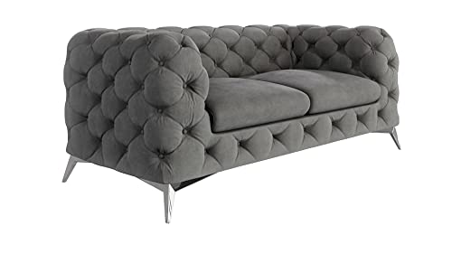 S-Style Möbel Maria Sofa 2-Sitzer Chesterfield-Sofa Wohnzimmer Lounge Couch mit verchromten Füßen Freistehende Polster Sofas & Couches Sofagarnitur Couchgarnitur Grau 185x 73x100 cm von S-Style Möbel