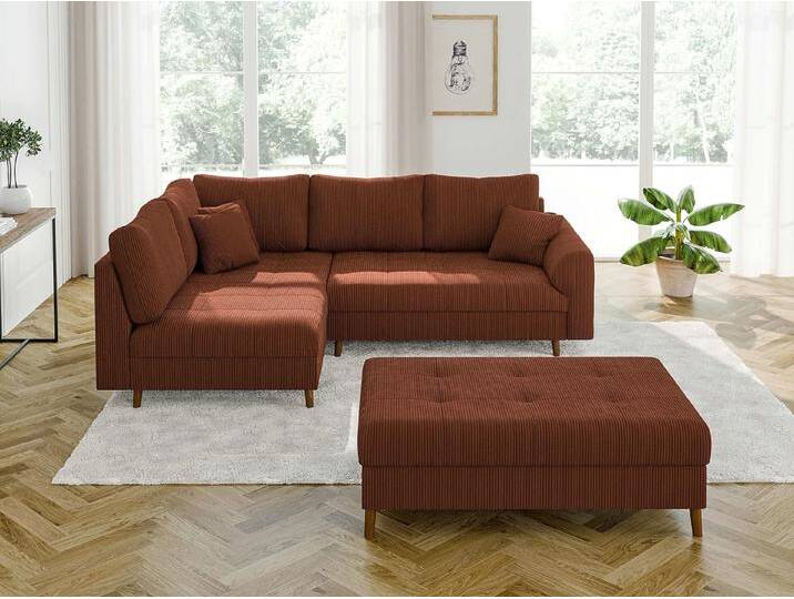 S-Style Möbel Maya - Ecksofa mit Schlaffunktion und Hocker mit Braun Holzfüßen im skandinavischen Stil aus Cord-Stoff - Terrakotta S-Style Möbel Maya - Ecksofa mit Schlaffunktion und Hocker mit Braun Holzfüßen im skandinavischen Stil aus Cord-Stoff - Terrakotta von S-Style Möbel