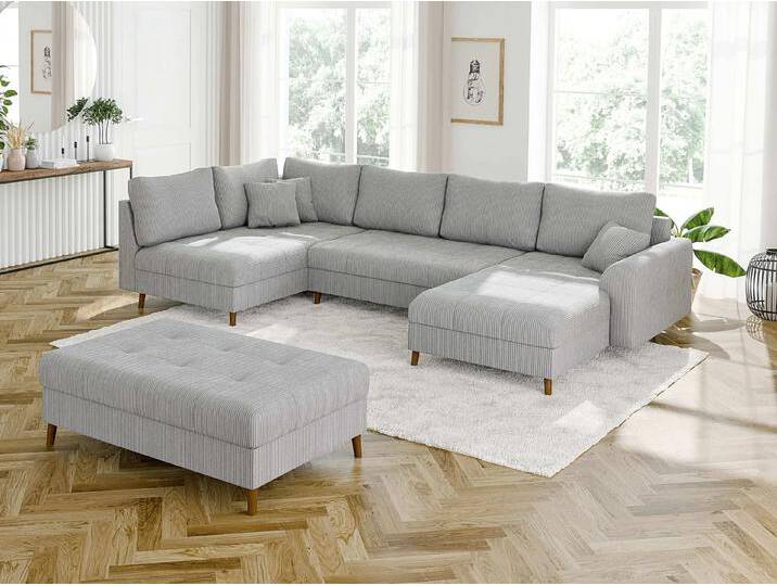 S-Style Möbel Maya - Wohnlandschaft mit Schlaffunktion und Hocker mit Braun Holzfüßen im skandinavischen Stil aus Cord-Stoff - Hellgrau von S-Style Möbel