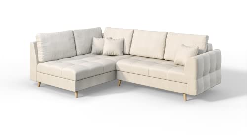 S-Style Möbel Monaco Viersitziges Ecksofa Skandinavische Moderne Ecksofa Mikrofaser Stoff 231cm x 161cm x 81cm Modern Lose Rückenlehnenkissen 8 Hellbraune Holzbeine Eckseite Links Farbe Ecru von S-Style Möbel