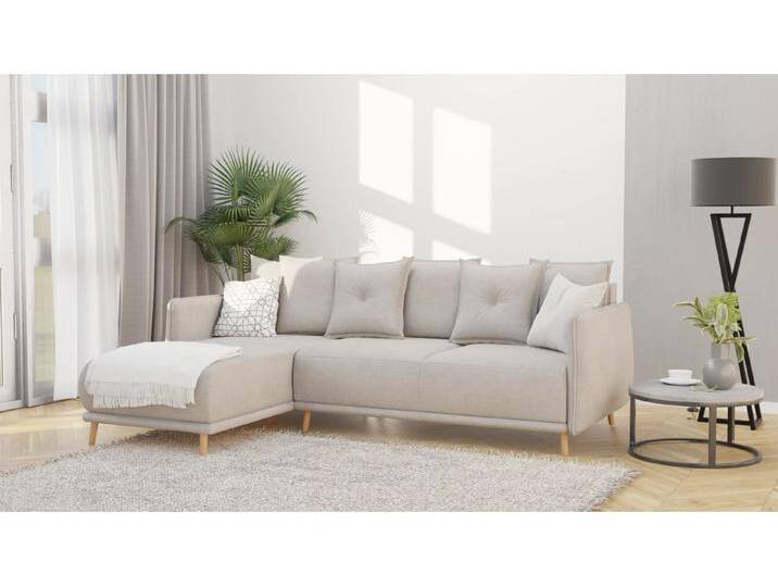 S-Style Möbel Owen - Ecksofa mit Schlaffunktion und Bettkasten in scandinavischem Design mit Holzfüßen aus Luxusmicrofaser - Beige von S-Style Möbel