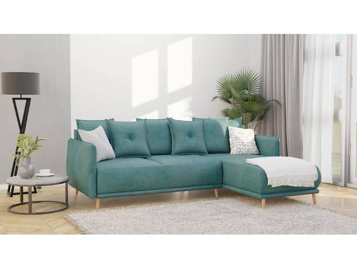 S-Style Möbel Owen - Ecksofa mit Schlaffunktion und Bettkasten in scandinavischem Design mit Holzfüßen aus Luxusmicrofaser - Türkis von S-Style Möbel
