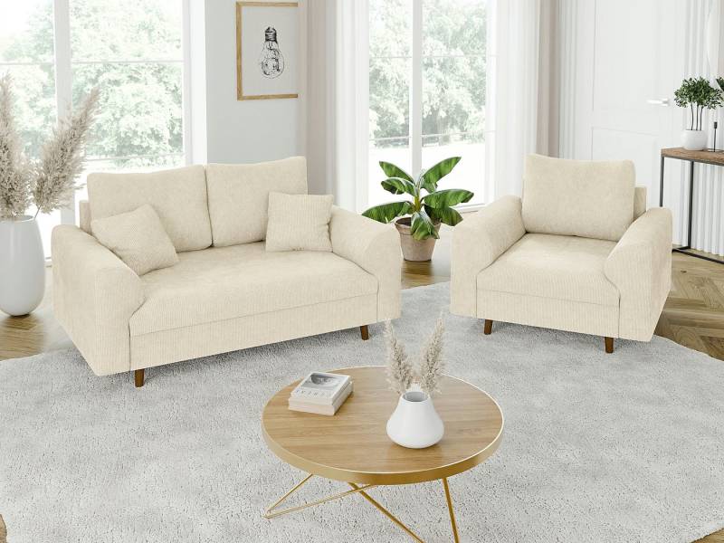 S-Style Möbel Polstergarnitur 2+1 Kristian mit Holzfüßen im skandinavischen Stil aus Chenille-Stoff, (1x 2-Sitzer-Sofa, 1x Sessel), mit Wellenfederung von S-Style Möbel