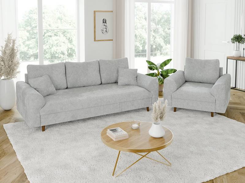 S-Style Möbel Polstergarnitur 3+1 Kristian mit Holzfüßen im skandinavischen Stil aus Chenille-Stoff, (1x 3-Sitzer-Sofa, 1x Sessel), mit Wellenfederung von S-Style Möbel