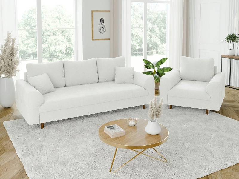 S-Style Möbel Polstergarnitur 3+1 Leif mit Braun Holzfüßen im skandinavischen Stil aus Boucle-Stoff, (1x 3-Sitzer-Sofa, 1x Sessel), mit Wellenfederung von S-Style Möbel