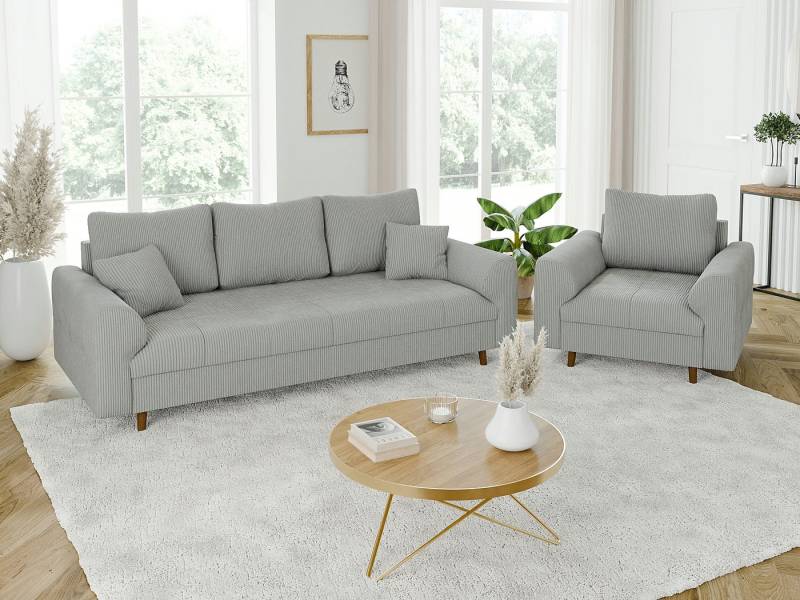 S-Style Möbel Polstergarnitur 3+1 Zara mit Braun Holzfüßen im skandinavischen Stil aus Cord-Stoff, (1x 3-Sitzer-Sofa, 1x Sessel), mit Wellenfederung von S-Style Möbel