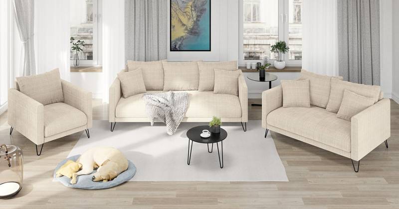 S-Style Möbel Polstergarnitur 3+2+1 Harmony aus Chenille-Stoff mit Hohen Schwarzen Metallfüßen, mit Wellenfederung von S-Style Möbel