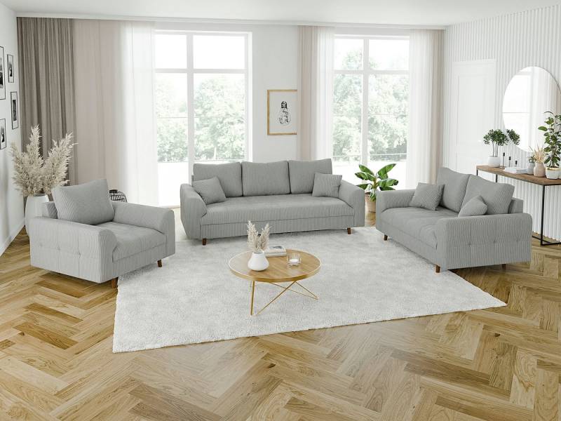 S-Style Möbel Polstergarnitur 3+2+1 Zara mit Braun Holzfüßen im skandinavischen Stil aus Cord-Stoff, (1x 3-Sitzer-Sofa, 1x 2-Sitzer-Sofa, 1x Sessel) von S-Style Möbel