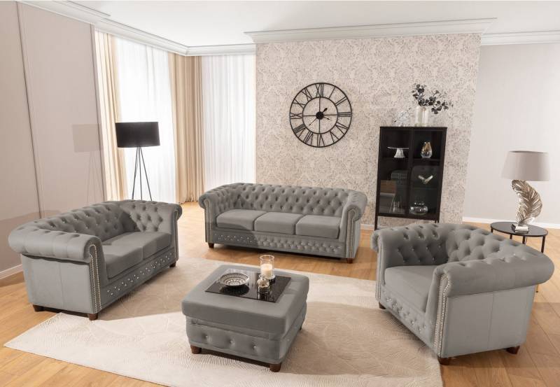 S-Style Möbel Polstergarnitur Chesterfield 3+2+1 Cleo Blink aus Samt mit Kristallsteppung, (1x 3-Sitzer-Sofa, 1x 2-Sitzer-Sofa, 1x Sessel), mit Wellenfederung von S-Style Möbel