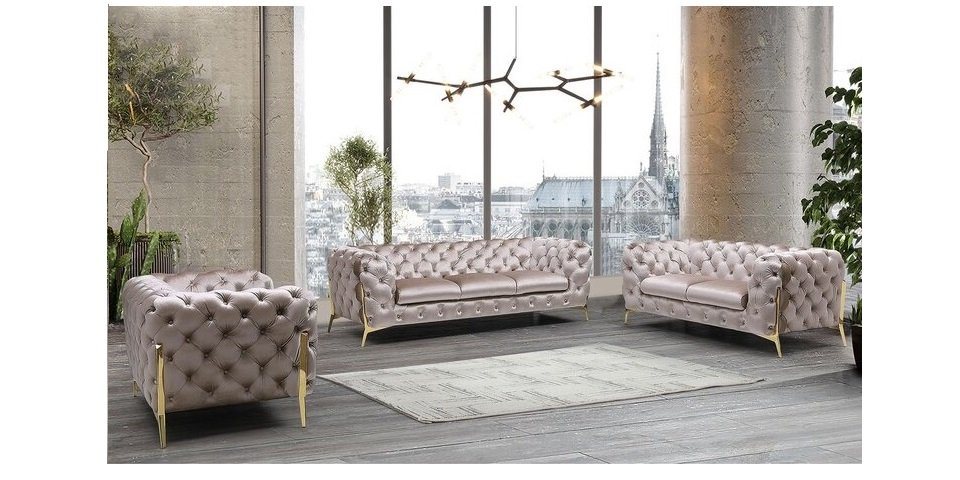 S-Style Möbel Polstergarnitur Chesterfield Ashley Polstergarnitur 3+2+1 mit Goldene Metall Füßen, (1x 3-Sitzer-Sofa, 1x 2-Sitzer-Sofa, 1x Sessel), mit Wellenfederung von S-Style Möbel