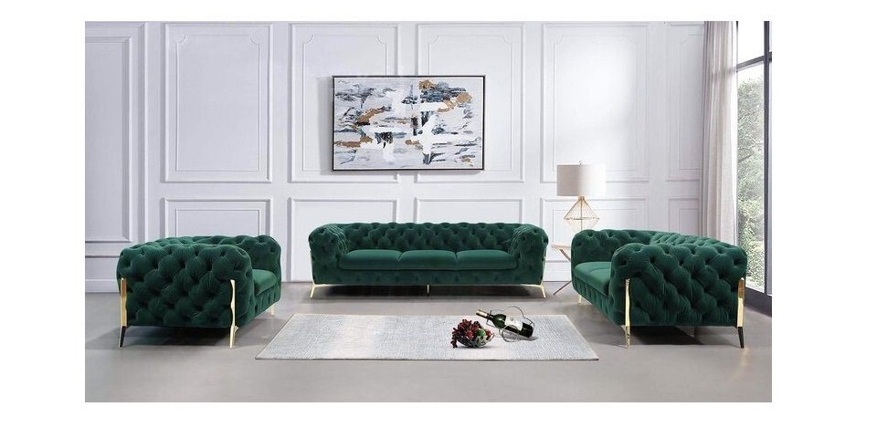 S-Style Möbel Polstergarnitur Chesterfield Ashley Polstergarnitur 3+2+1 mit Goldene Metall Füßen, (1x 3-Sitzer-Sofa, 1x 2-Sitzer-Sofa, 1x Sessel), mit Wellenfederung von S-Style Möbel