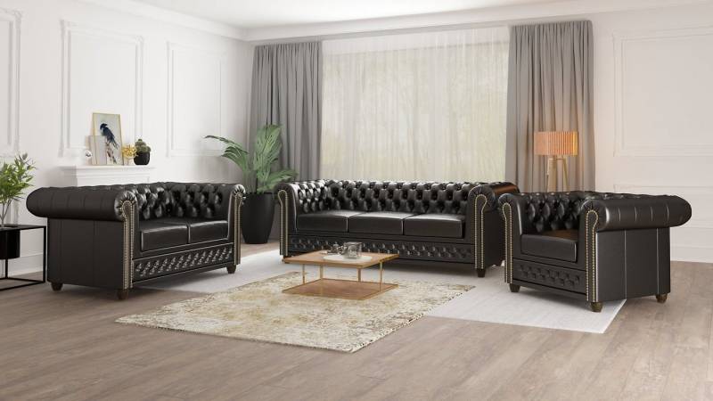 S-Style Möbel Polstergarnitur Chesterfield Jeff 3+2+1 mit Schlaffunktion aus veganem Leder, (3-Sitzer-Sofa, 2-Sitzer-Sofa mit Schlaffunktion, Sessel), mit Wellenfederung von S-Style Möbel