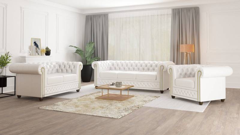 S-Style Möbel Polstergarnitur Chesterfield Jeff 3+2+1 mit Schlaffunktion aus veganem Leder, (3-Sitzer-Sofa mit Schlaffunktion, 2-Sitzer-Sofa, Sessel), mit Wellenfederung von S-Style Möbel