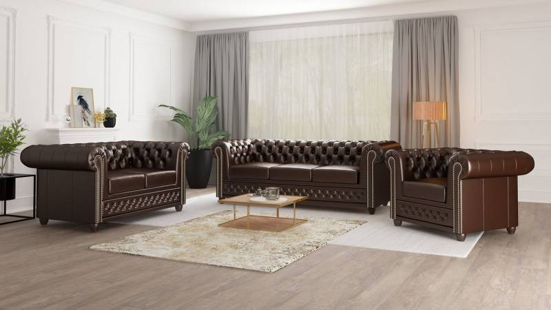 S-Style Möbel Polstergarnitur Chesterfield Jeff 3+2+1 mit Schlaffunktion aus veganem Leder, (3-Sitzer-Sofa mit Schlaffunktion, 2-Sitzer-Sofa, Sessel), mit Wellenfederung von S-Style Möbel