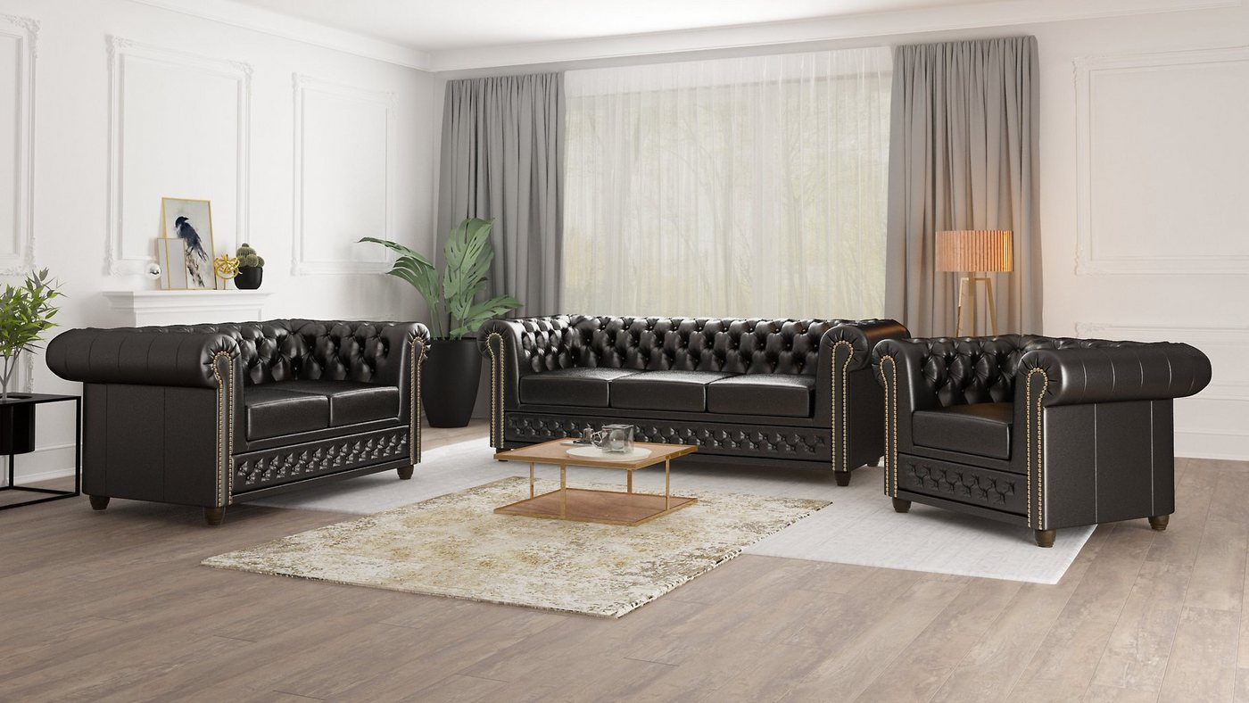 S-Style Möbel Polstergarnitur Chesterfield Jeff mit Schlaffunktion 3+2+1, (3-Sitzer-Sofa mit Schlaffunktion, 2-Sitzer-Sofa mit Schlaffunktion, Sessel), mit Wellenfederung von S-Style Möbel