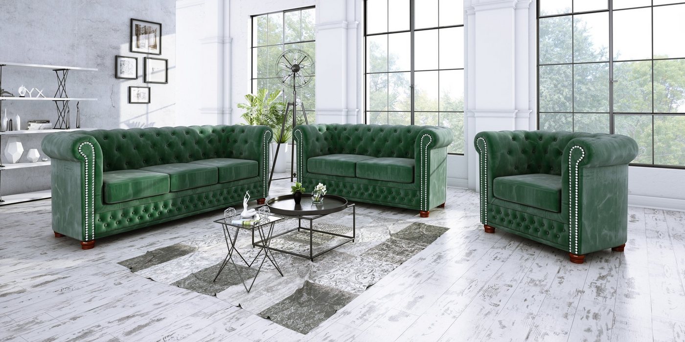 S-Style Möbel Polstergarnitur Chesterfield Leeds 3+2+1, (1x 3-Sitzer-Sofa, 1x 2-Sitzer-Sofa, 1x Sessel), mit Wellenfederung von S-Style Möbel