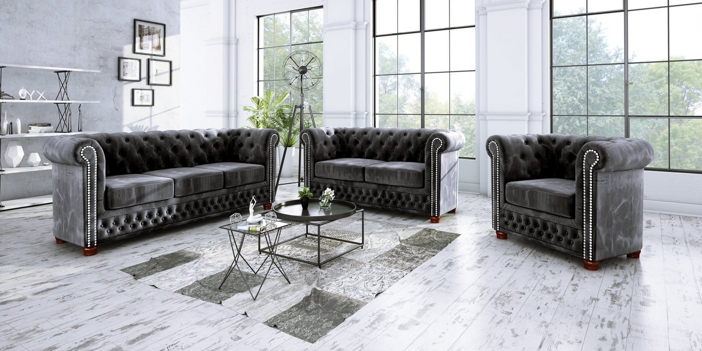 S-Style Möbel Polstergarnitur Chesterfield Leeds 3+2+1, (1x 3-Sitzer-Sofa, 1x 2-Sitzer-Sofa, 1x Sessel), mit Wellenfederung von S-Style Möbel