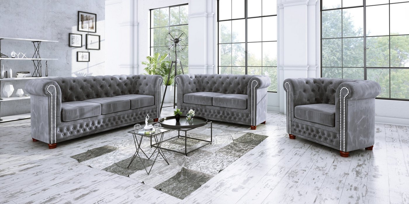 S-Style Möbel Polstergarnitur Chesterfield Leeds 3+2+1, (1x 3-Sitzer-Sofa, 1x 2-Sitzer-Sofa, 1x Sessel), mit Wellenfederung von S-Style Möbel