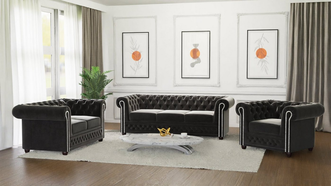 S-Style Möbel Polstergarnitur Chesterfield Lena mit Schlaffunktion 3+2+1 aus Samt-Stoff, Holzfüßen, (3-Sitzer-Sofa, 2-Sitzer-Sofa mit Schlaffunktion, Sessel), mit Wellenfederung von S-Style Möbel
