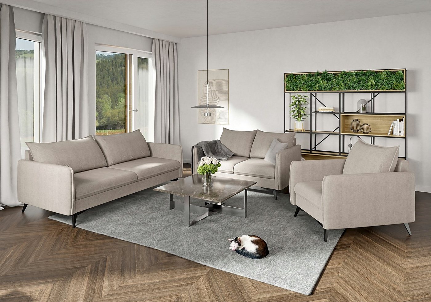 S-Style Möbel Polstergarnitur Modernes 3+2+1 Azalea mit Schwarz Metall Füßen, (1x 3-Sitzer-Sofa, 1x 2-Sitzer-Sofa, 1x Sessel), mit Wellenfederung von S-Style Möbel