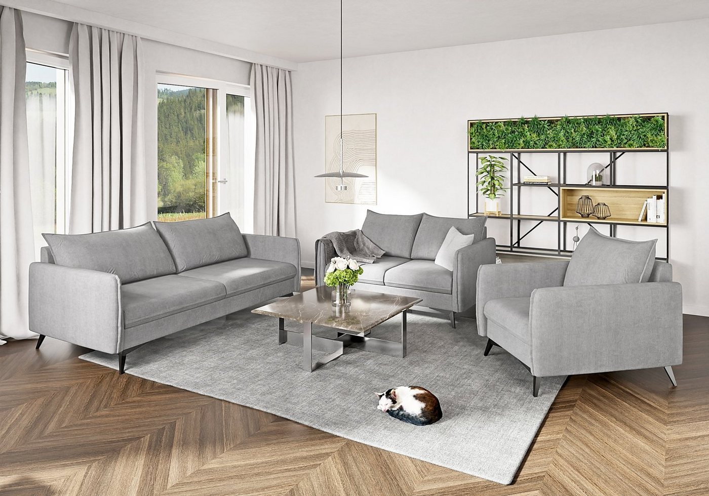 S-Style Möbel Polstergarnitur Modernes 3+2+1 Azalea mit Schwarz Metall Füßen, (1x 3-Sitzer-Sofa, 1x 2-Sitzer-Sofa, 1x Sessel), mit Wellenfederung von S-Style Möbel