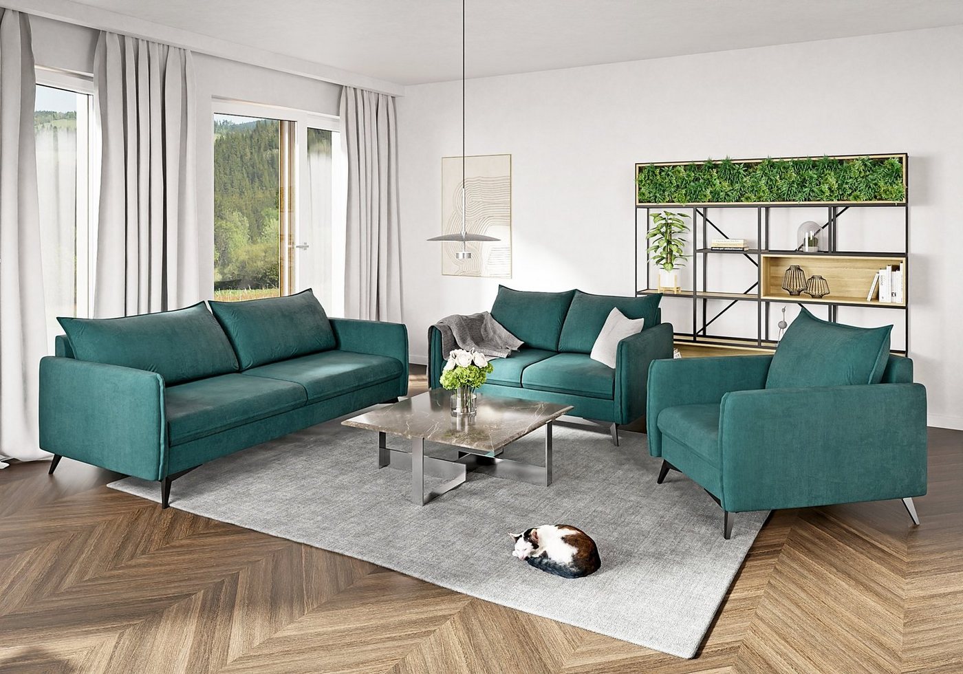 S-Style Möbel Polstergarnitur Modernes 3+2+1 Azalea mit Schwarz Metall Füßen, (1x 3-Sitzer-Sofa, 1x 2-Sitzer-Sofa, 1x Sessel), mit Wellenfederung von S-Style Möbel