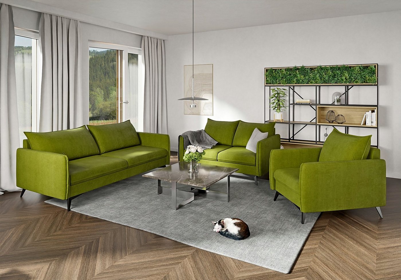 S-Style Möbel Polstergarnitur Modernes 3+2+1 Azalea mit Schwarz Metall Füßen, (1x 3-Sitzer-Sofa, 1x 2-Sitzer-Sofa, 1x Sessel), mit Wellenfederung von S-Style Möbel