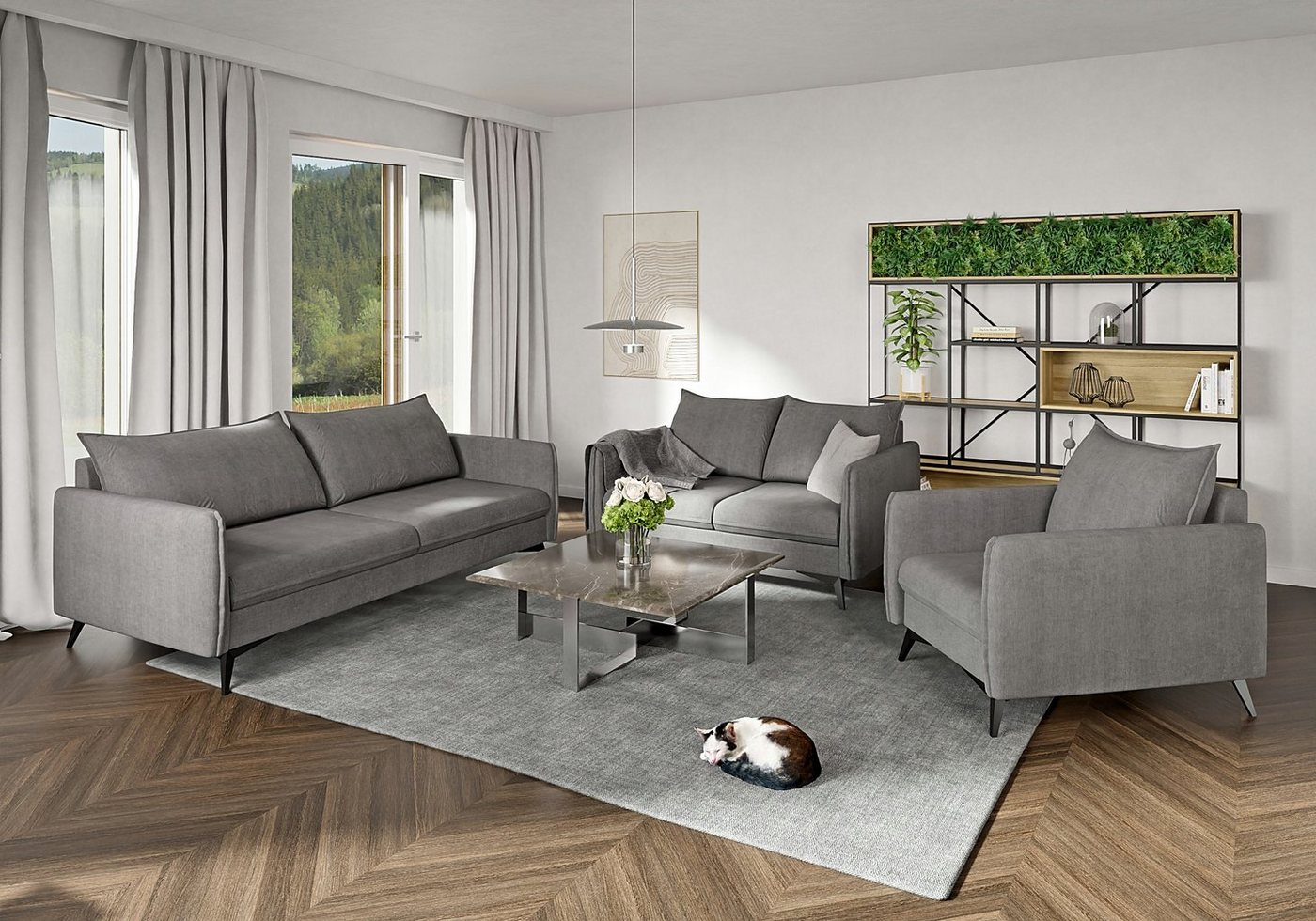 S-Style Möbel Polstergarnitur Modernes 3+2+1 Azalea mit Schwarz Metall Füßen, (1x 3-Sitzer-Sofa, 1x 2-Sitzer-Sofa, 1x Sessel), mit Wellenfederung von S-Style Möbel