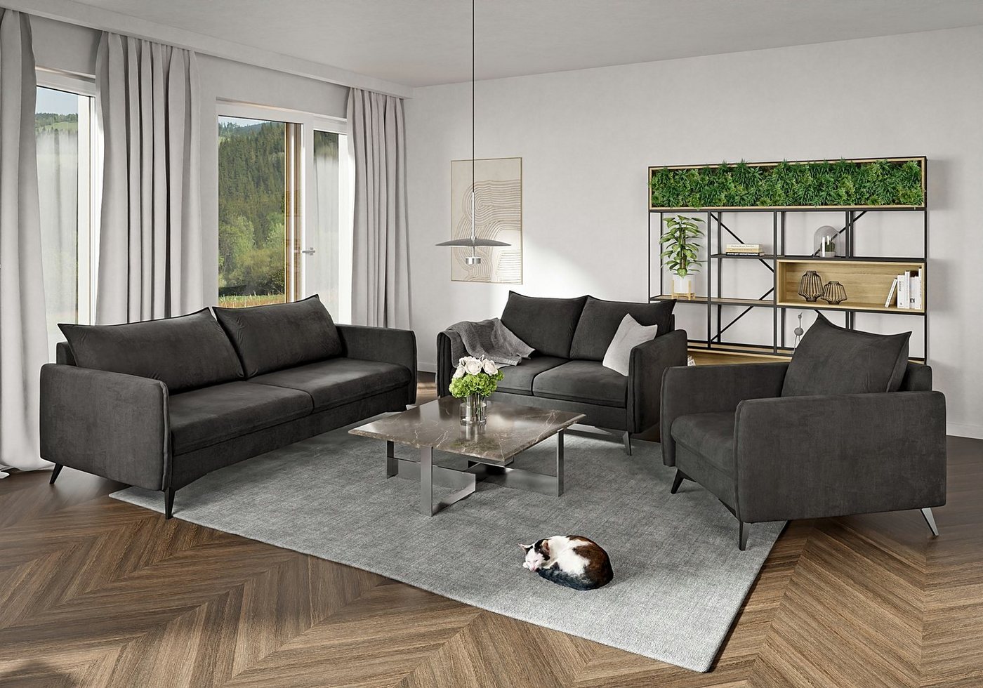 S-Style Möbel Polstergarnitur Modernes 3+2+1 Azalea mit Schwarz Metall Füßen, (1x 3-Sitzer-Sofa, 1x 2-Sitzer-Sofa, 1x Sessel), mit Wellenfederung von S-Style Möbel