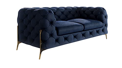 S-Style Möbel Bellano Chesterfield Sofa 2-Sitzer 2er Couch Wohnzimmer Möbel Freistehend mit Metallfüßen 185x100x73 cm Marineblau von S-Style Möbel