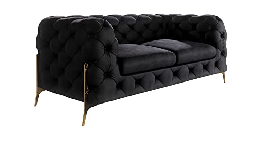S-Style Möbel Bellano Chesterfield Sofa 2-Sitzer 2er Couch Wohnzimmer Möbel Freistehend mit Metallfüßen 185x100x73 cm Schwarz von S-Style Möbel