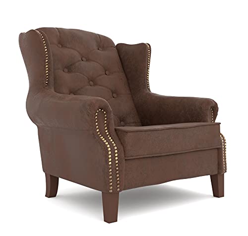 S-Style Möbel Sargans Chesterfield Sessel Ohrensessel Für Wohnzimmer Schlafzimmer Louge Büro Loungesessel Polstersessel Cocktailsessel Holzbeine Öko Leder Braun 102 x 93 x 102 cm von S-Style Möbel