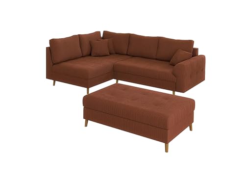 S-Style Möbel Set Ecksofa Hocker Eckcouch Sofa Couch Mit Kissen Schlaffunktion Sitzhocker 4 Sitzer L Form 2 Stück Links Massivholzfüße Braun Freistehend Cord Stoff Milo Terrakotta von S-Style Möbel