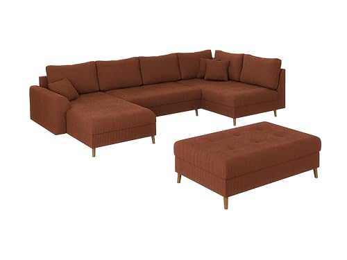 S-Style Möbel Set Ecksofa Hocker Eckcouch Sofa Couch Mit Kissen Schlaffunktion Sitzhocker 6 Sitzer U Form 2 Stück Links Massivholzfüße Braun Freistehend Cord Stoff Milo Terrakotta von S-Style Möbel