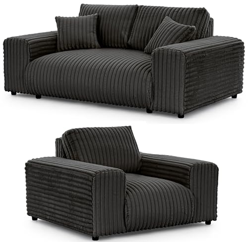 S-Style Möbel Set Sofa 2 Sitzer Sessel - 2 Stück - Schwarze Füße - Plüschcord - Freistehend - Mollis Dunkelgrau von S-Style Möbel