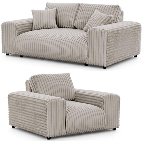 S-Style Möbel Set Sofa 2 Sitzer Sessel - 2 Stück - Schwarze Füße - Plüschcord - Freistehend - Mollis Hellgrau von S-Style Möbel