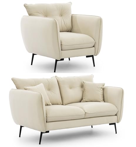S-Style Möbel Set Sofa 2 Sitzer Sessel - 2 Stück - Schwarze Metallfüße - Samt Stoff - Freistehend - Nordloft Beige S-Style Möbel Set Sofa 2 Sitzer Sessel - 2 Stück - Schwarze Metallfüße - Samt Stoff - Freistehend - Nordloft Beige von S-Style Möbel