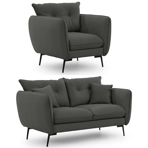 S-Style Möbel Set Sofa 2 Sitzer Sessel - 2 Stück - Schwarze Metallfüße - Samt Stoff - Freistehend - Nordloft Dunkelgrau von S-Style Möbel