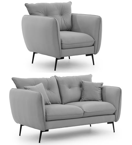 S-Style Möbel Set Sofa 2 Sitzer Sessel - 2 Stück - Schwarze Metallfüße - Samt Stoff - Freistehend - Nordloft Hellgrau von S-Style Möbel