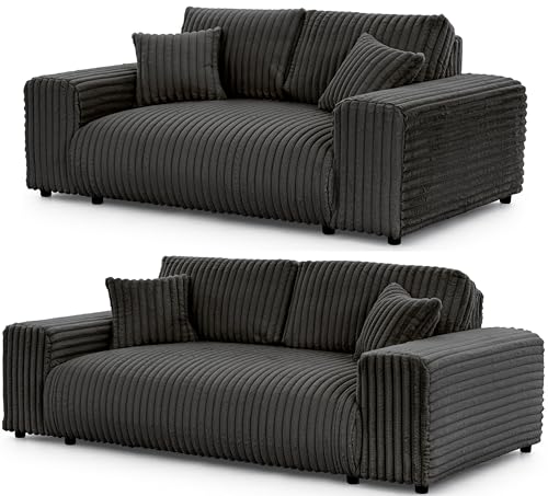 S-Style Möbel Set Sofa 3 Sitzer 2 Sitzer - 2 Stück - Schwarze Füße - Plüschcord - Freistehend - Mollis Dunkelgrau von S-Style Möbel