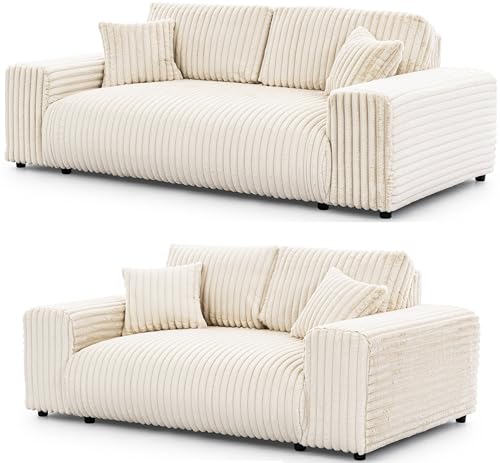 S-Style Möbel Set Sofa 3 Sitzer 2 Sitzer - 2 Stück - Schwarze Füße - Plüschcord - Freistehend - Mollis Hellbeige von S-Style Möbel