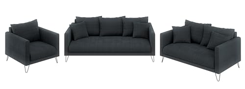 S-Style Möbel Set Sofa 3 Sitzer 2 Sitzer Sessel 3 Stück Hohe Metallfüße Schwarz Chenille-Stoff Freistehend Harmony Graphit von S-Style Möbel