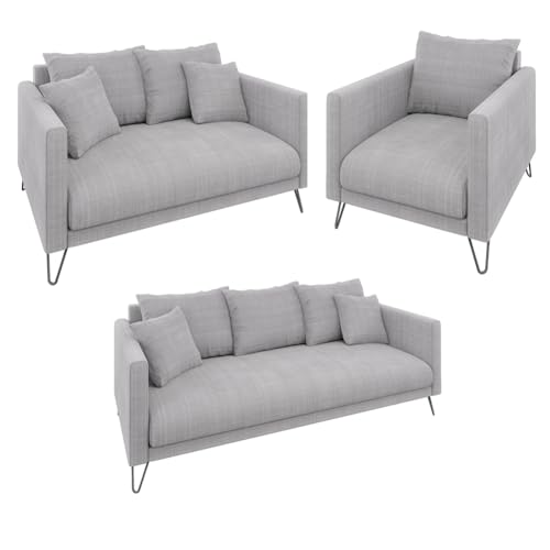 S-Style Möbel Set Sofa 3 Sitzer 2 Sitzer Sessel 3 Stück Hohe Metallfüße Schwarz Chenille-Stoff Freistehend Harmony Hellgrau von S-Style Möbel